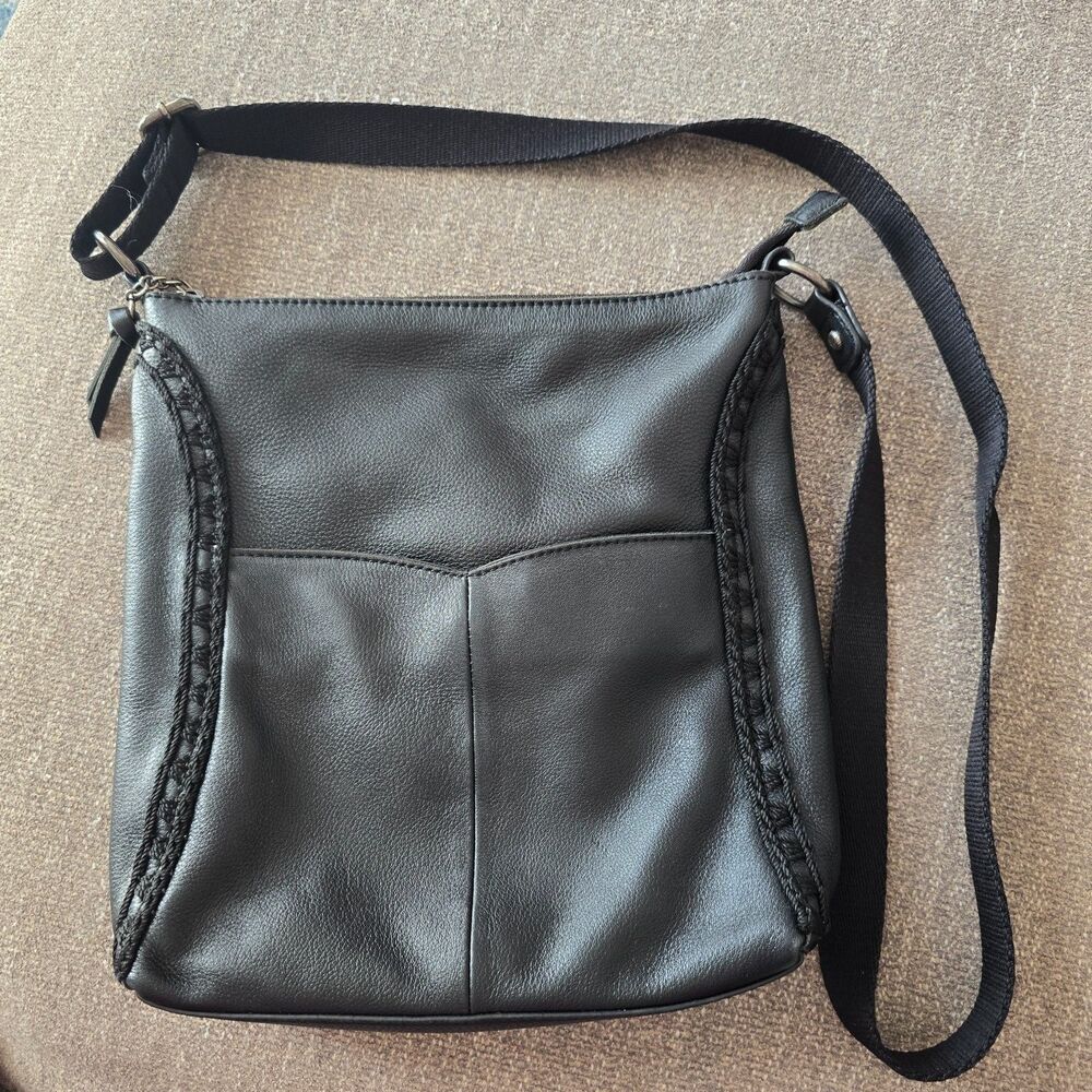 The Sak Black Leather Crossbody Bag Crochet Trim Boho Shoulder Handbag